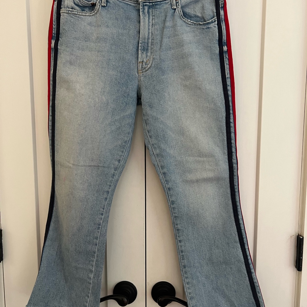Mother Light Blue Flare Jeans With Red And Blue Stripes 29